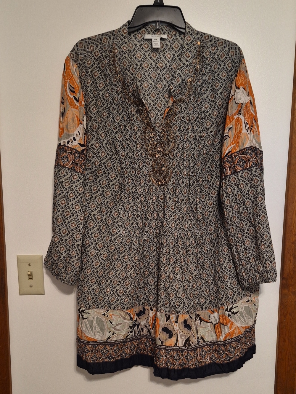 Style & Co. Black, Green and Mustard Printed Boho Tunic Top SZ 16